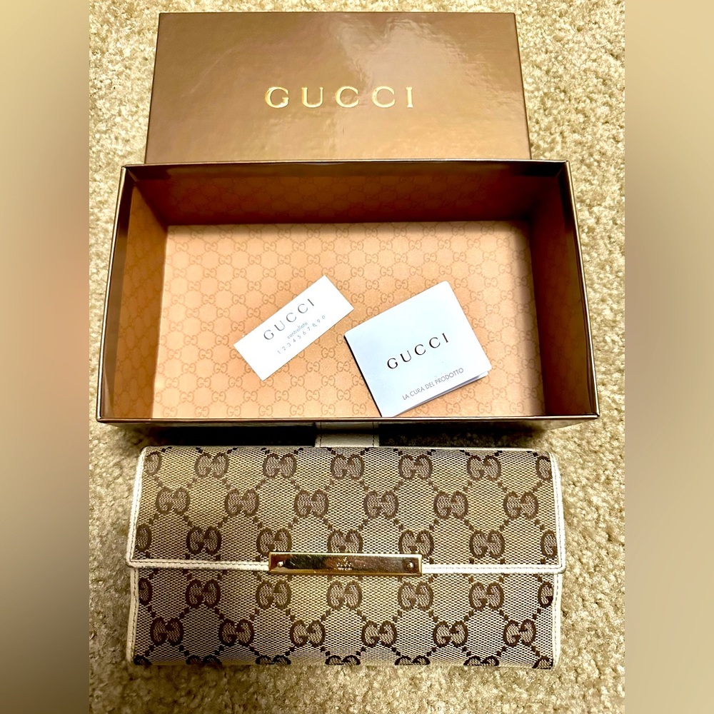 Gucci GG beige canvass long flap wallet